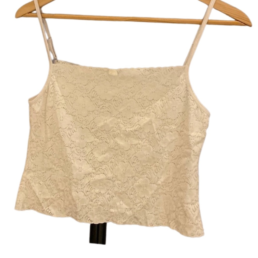 Eva Cervantes crop cami with adjustable straps. White lace. Size: L
